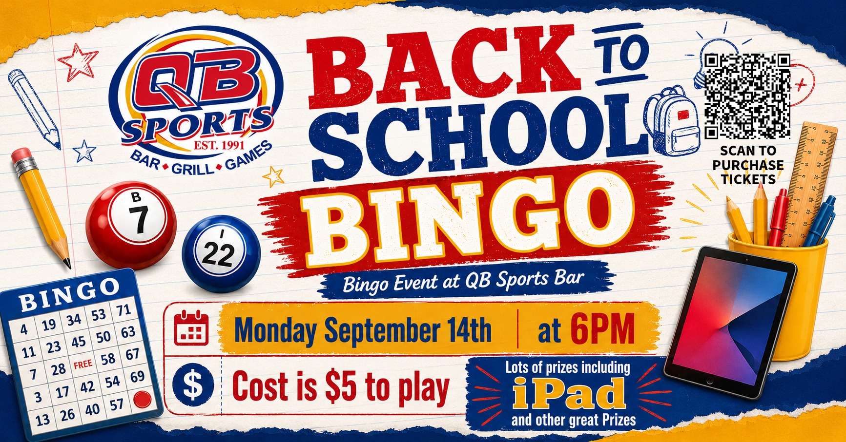 🎒 Back-to-School Bingo at QBs — Win an iPad!