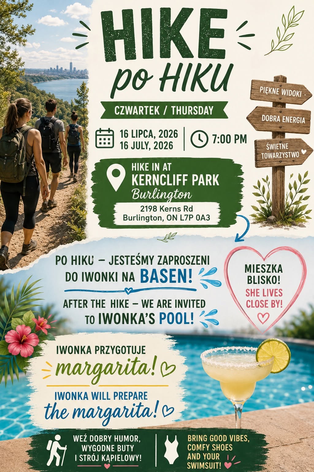 Evening hike in Burlington, pool and margarita